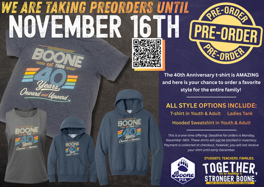 Preorder the Boone 40th Anniversary Apparel Today!